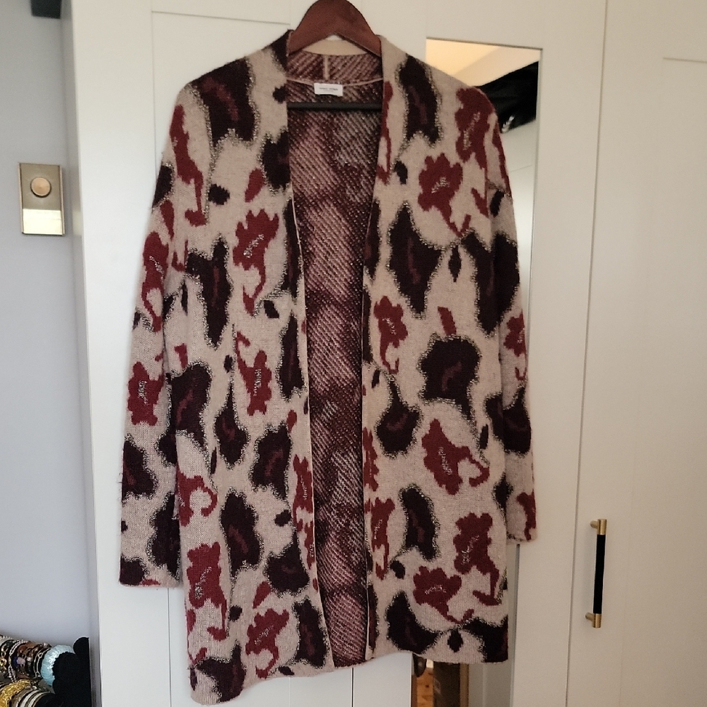 Chic Maroon And Purple Patterned Open Cardigan